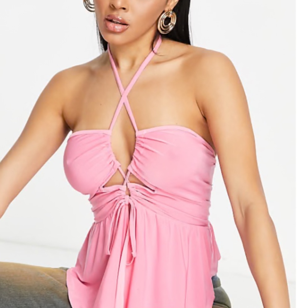 ASYOU Pink Halter Flute Hem Cami Top